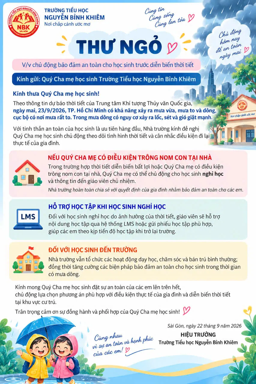 Thư gửi học sinh và phụ huynh học sinh của Trường Tiểu học Nguyễn Bỉnh Khiêm (phường Sài Gòn) 