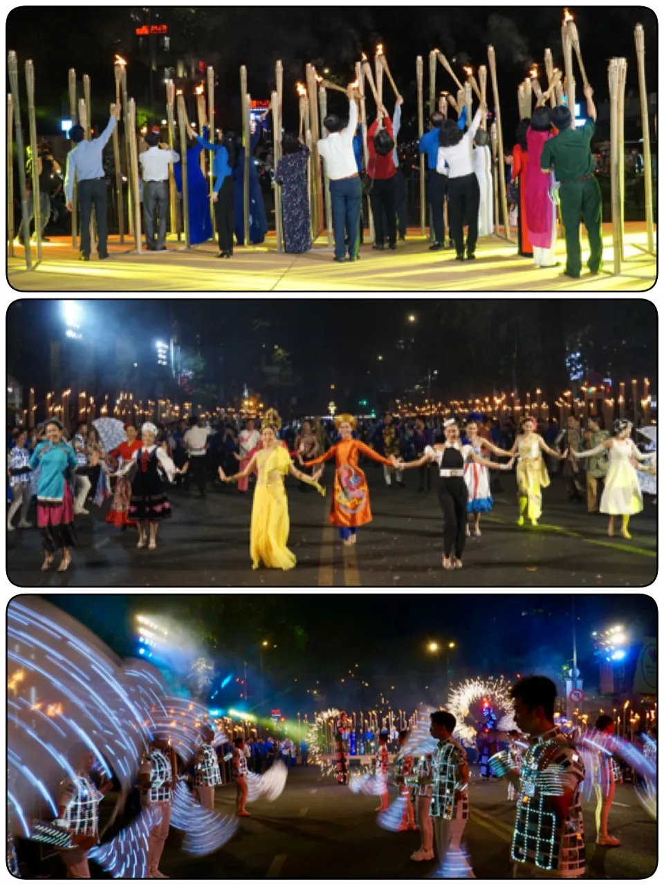 Hơn 500 ngọn đuốc được thắp lên cùng chương trình biểu diễn nghệ thuật đường phố đầy màu sắc đêm khai mạc Lễ hội Thanh niên. Ảnh: HOÀNG HÙNG