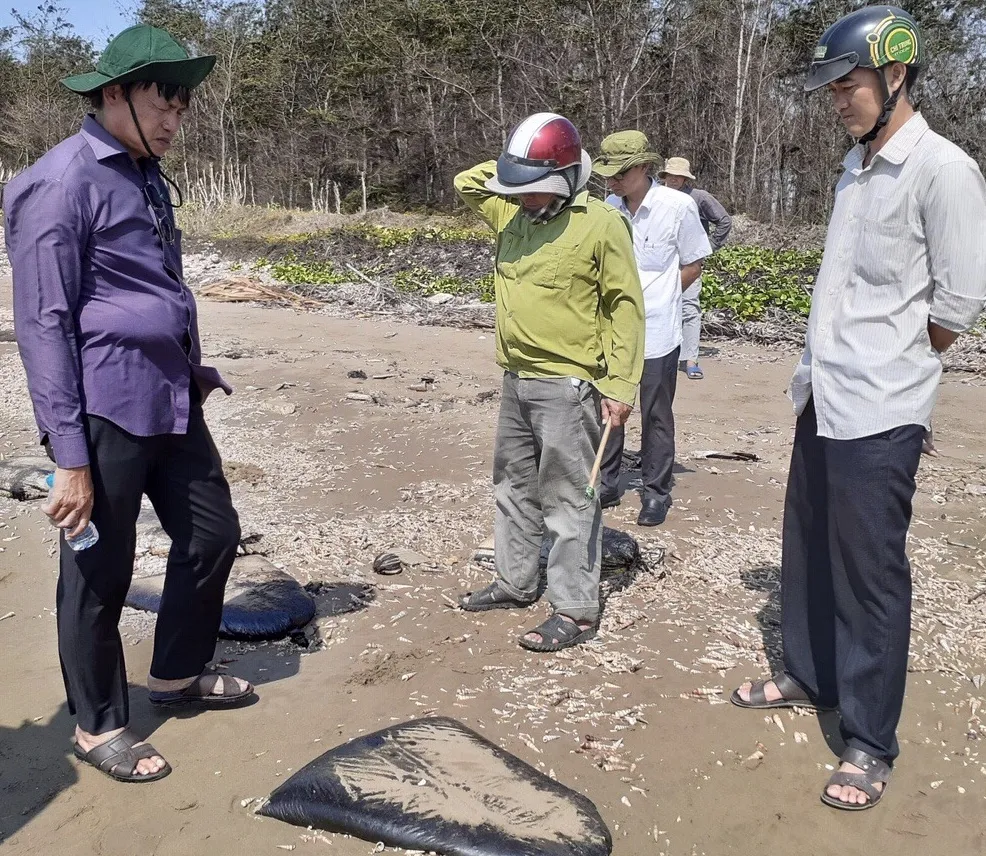 Nhiều bao chứa chất lỏng màu đen trôi dạt vào bờ biển Bến Tre ảnh 1