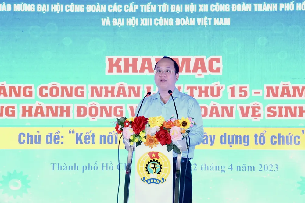 Phó Bí thư Thành ủy TPHCM Nguyễn Hồ Hải phát biểu tại Tháng công nhân lần thứ 15. Ảnh: VIỆT DŨNG