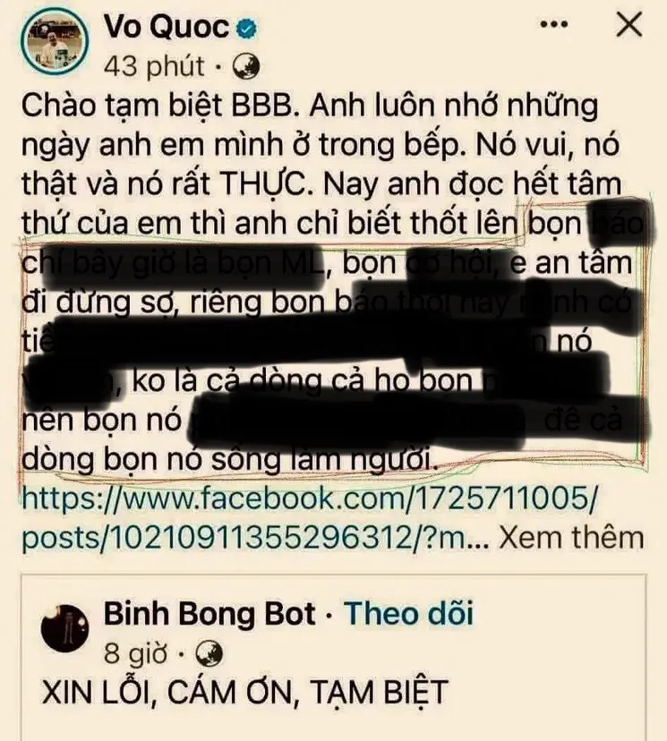 Nội dung đầu bếp có tên facebook Vo Quoc xúc phạm báo chí đăng trên mạng xã hội. Ảnh chụp từ màn hình