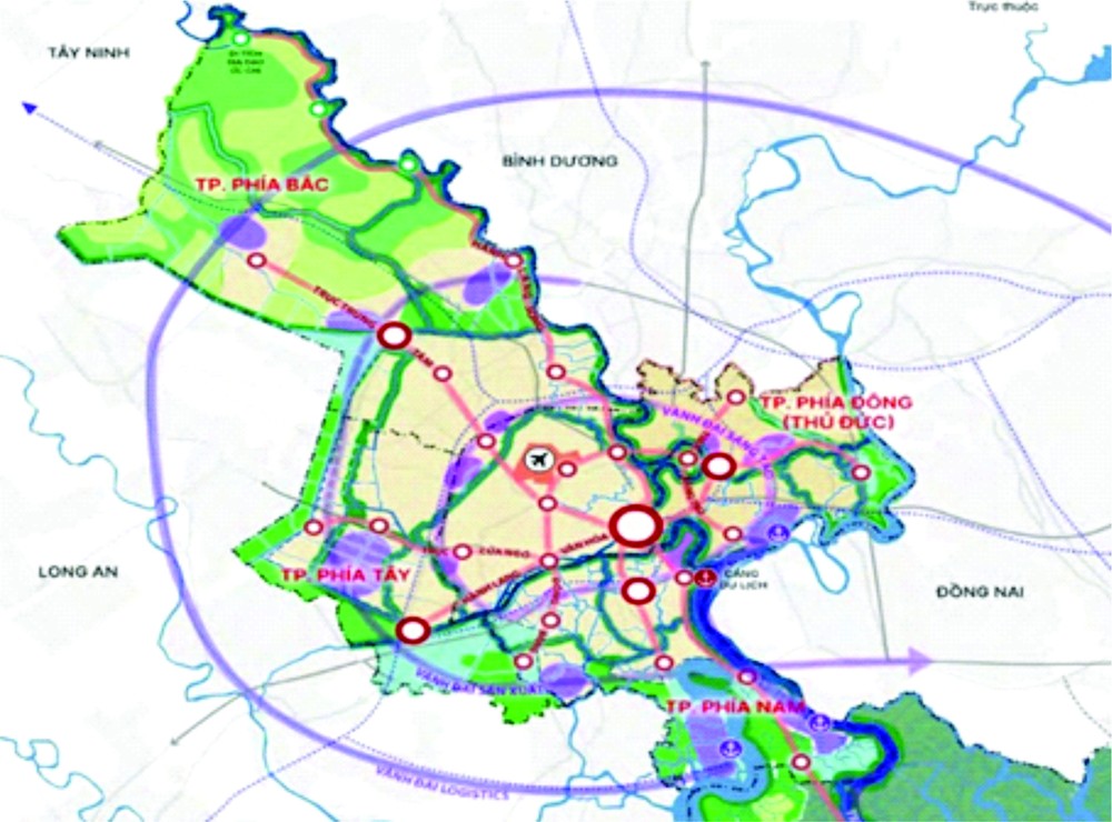 胡志明市至2040年与至2060年愿景总体规划调整中期报告中的西、南、北面３个城市模拟图。