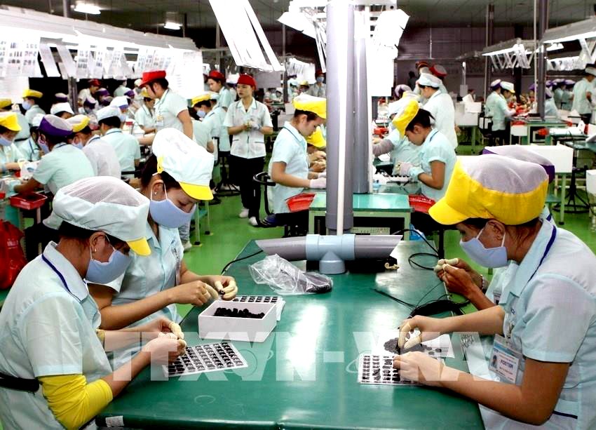 工人在广义省福斯特电子零件厂的电子元件生产流水线工作。