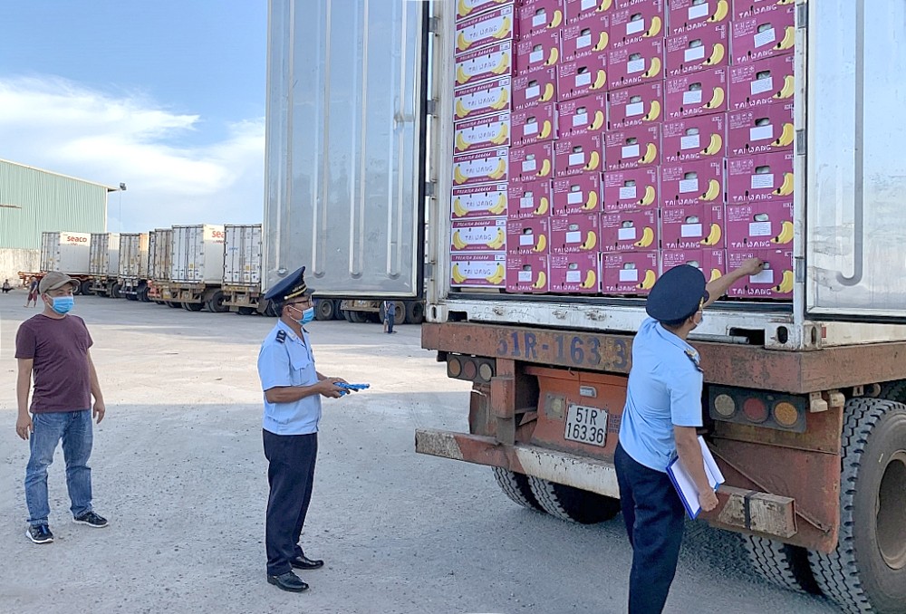 在丽青国际口岸检查从柬埔寨进口的农产品。