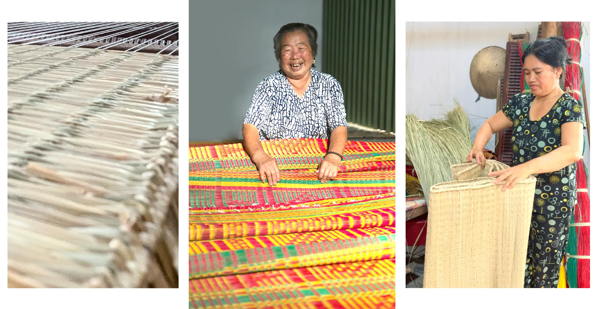 Nghệ nhân Diệp Thị Som bên sản phẩm chiếu hoa vừa dệt xong và những đôi chiếu Cà Hom được nghệ nhân trẻ tuổi Trần Thị Thế vừa hoàn thành. Ảnh: TÍN HUY nghe lam chieu-12.jpg