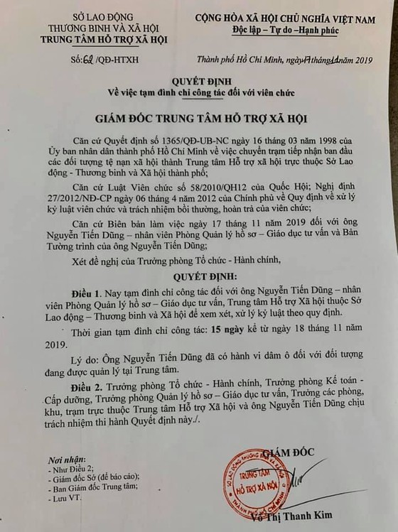 Tạm đình chỉ công tác cán bộ Trung tâm Hỗ trợ xã hội TPHCM dâm ô trẻ em ảnh 2