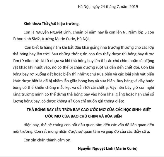 Tâm thư của học sinh lớp 5 và nỗi lo ô nhiễm từ bóng bay ảnh 1