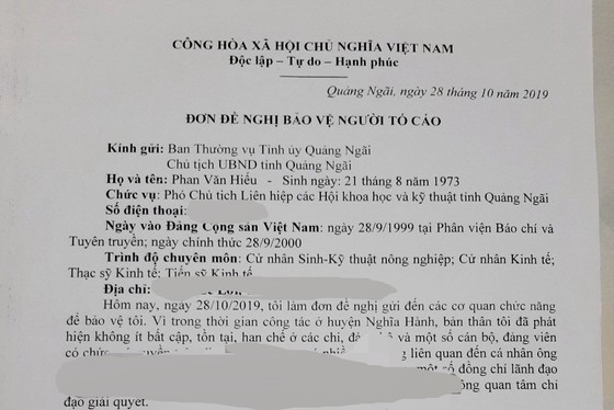 Nguyên Phó Bí thư huyện Nghĩa Hành đề nghị bảo vệ tính mạng cho bản thân, gia đình ảnh 1
