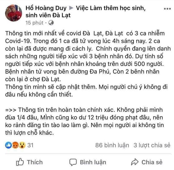 Bị phạt 9 tháng tù treo vì tung tin giả 'Đà Lạt có người tử vong vì Covid-19' ảnh 2