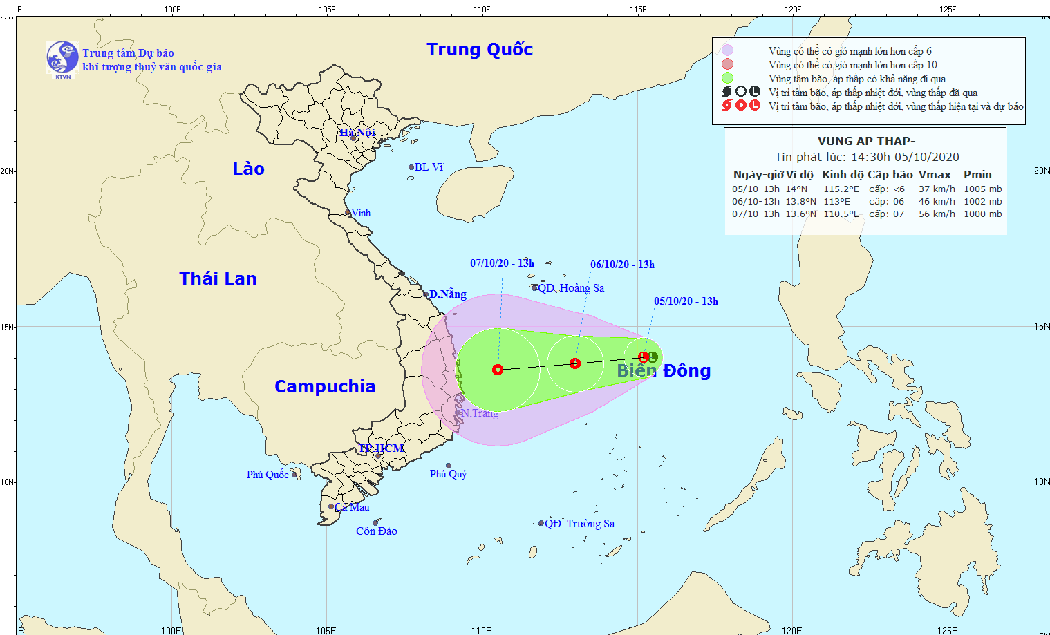 Họa đồ vị trí vùng áp thấp trên Biển Đông và dự báo đổ bộ vào Nam Trung bộ do Trung tâm Dự báo KTTV quốc gia vẽ