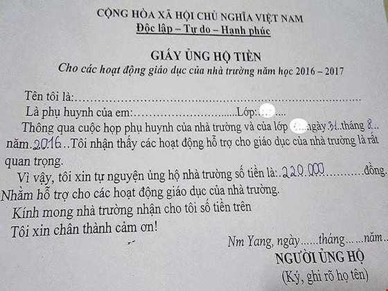 Khiển trách hiệu trưởng tự ý làm giấy ủng hộ tiền thay cho phụ huynh ảnh 1