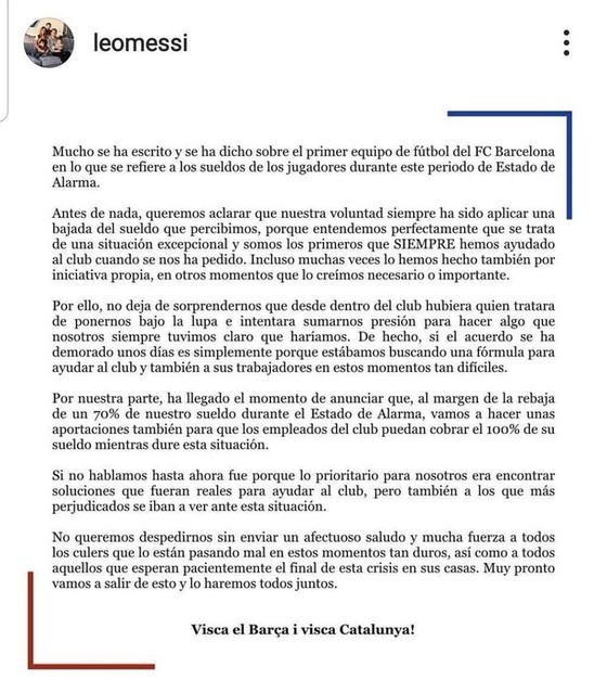 Lionel Messi lên tiếng: Cầu thủ Barca sẵn lòng cắt giảm 70% lương và hỗ trợ ngưởi lao động ảnh 1