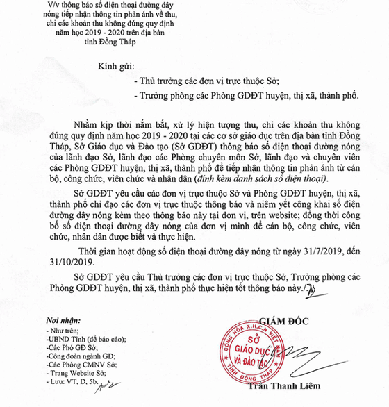 Lập đường dây nóng phản ánh lạm thu năm học 2019-2020 ảnh 1