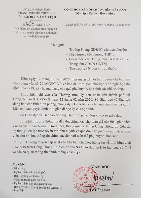 Công an TPHCM vào cuộc điều tra vụ văn bản giả mạo thời gian học sinh đi học lại vì dịch Covid - 19 ảnh 1