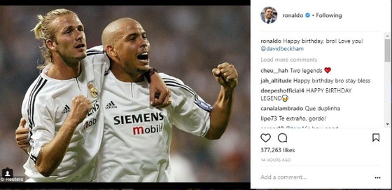 “Ronaldo béo” chúc mừng sinh nhật đồng đội cũ Beckham ở Real Madrid. Ảnh: Instagram