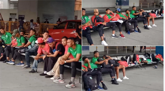Các cầu thủ Timor Leste vạ vật ngoài sân bay chờ xe đón.