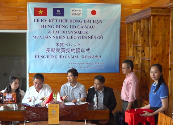 Đại diện Công ty TNHH Sojitz Việt Nam và Công ty gỗ Cà Mau ký hợp đồng mua viên nén từ gỗ keo lai dài hạn từ rừng U Minh Hạ