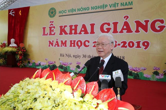 Tổng Bí thư Nguyễn Phú Trọng phát biểu tại Lễ khai giảng năm học mới Học Viện Nông nghiệp Việt Nam. Ảnh: TTXVN