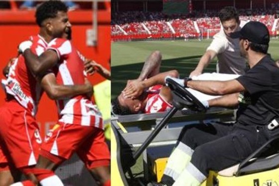 Luis Suarez sau khi ghi hat-trick cho Almeria phải nhập viện vì gãy xương chân. ảnh 1