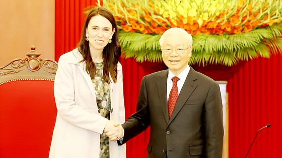 Tổng Bí thư Nguyễn Phú Trọng tiếp Thủ tướng New Zealand Jacinda Ardern. Ảnh: TTXVN