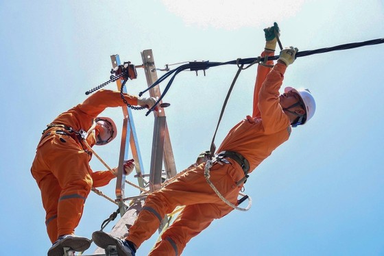 Công nhân Công ty Điện lực quận Hoàng Mai (Hà Nội) bảo trì đường dây cung cấp điện