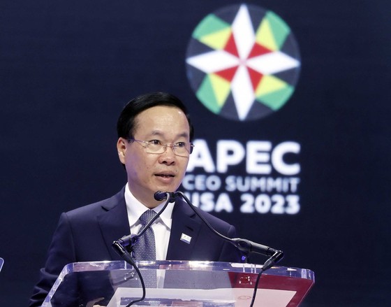 Chủ tịch nước Võ Văn Thưởng phát biểu tại Hội nghị thượng đỉnh Doanh nghiệp APEC 2023. Ảnh: TTXVN