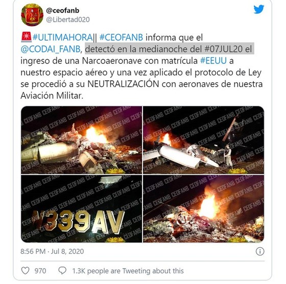 Venezuela tuyên bố bắn rơi máy bay mang số hiệu Mỹ - Ảnh 2. Venezuela tuyên bố bắn rơi máy bay mang số hiệu Mỹ - Ảnh 2.