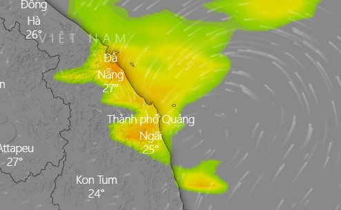 Rạng sáng 24-9, bão số 6 đi vào khu vực từ Thừa Thiên-Huế đến Quảng Ngãi và suy yếu dần thành áp thấp nhiệt đới. Ảnh: Windy