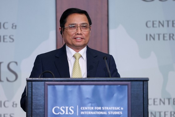 Thủ tướng Phạm Minh Chính phát biểu tại Trung tâm nghiên cứu Chiến lược và Quốc tế Hoa Kỳ (CSIS). Ảnh: VGP/Nhật Bắc
