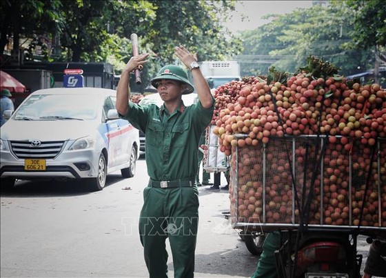 Từ sáng sớm, lực lượng bộ đội đã túc trực làm nhiệm vụ điều tiết giao thông để bà con chở vải đi tiêu thụ thuận lợi. ảnh 4 Chú thích ảnh