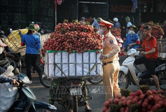 Ngoài nhiệm vụ điều tiết giao thông, lực lượng cảnh sát giao thông còn "kiêm" thêm việc đẩy giúp những sọt vải nặng cho người dân. ảnh 8 Chú thích ảnh