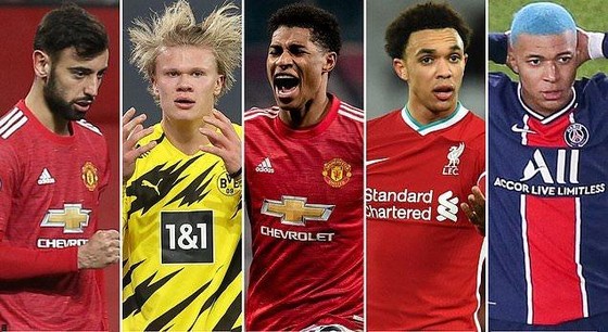 Bruno Fernandes, Erling Haaland, Marcus Rashford, Trent Alexander-Arnold and Kylian Mbappe