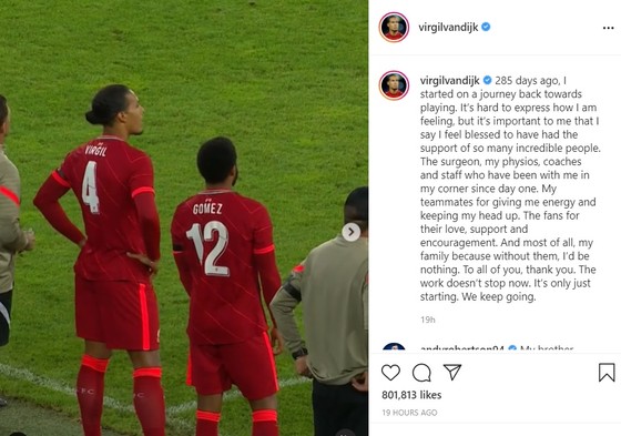 Van Dijk viết thông điệp đầy cảm xúc khi trở lại Liverpool sau chấn thương ảnh 1