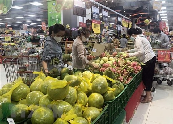 Nhóm ngành hàng trái cây Việt được bố trí quầy, kệ tại khu vực riêng và được người tiêu dùng Thành phố Hồ Chí Minh ưa chuộng. (Ảnh: Mỹ Phương/TTXVN)