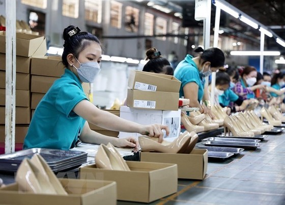Công nhân làm giày da trong nhà máy Công ty Trách nhiệm hữu hạn Giày Gia Định, thành phố Thủ Đức. (Ảnh: Hồng Đạt/TTXVN)