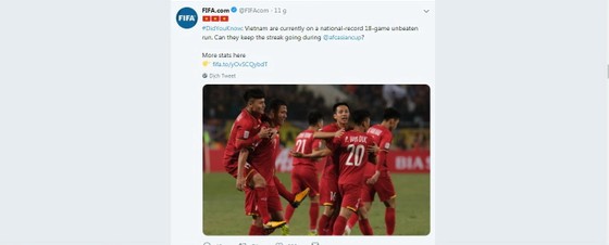 Tài khoản Twitter của FIFA công nhận thành tích của tuyển Việt Nam