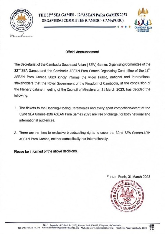 Chủ nhà Campuchia không thu phí bản quyền truyền hình SEA Games 32 ảnh 1