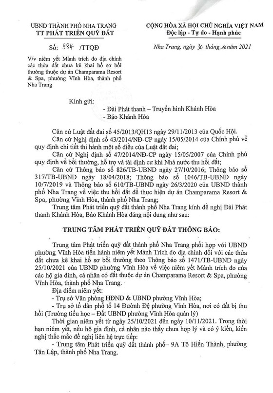 Trung tâm Phát triển quỹ đất thành phố Nha Trang thông báo tiến hành niêm yết Mảnh trích đo địa chính các thửa đất thuộc dự án Champarama Resort & Spa ảnh 1