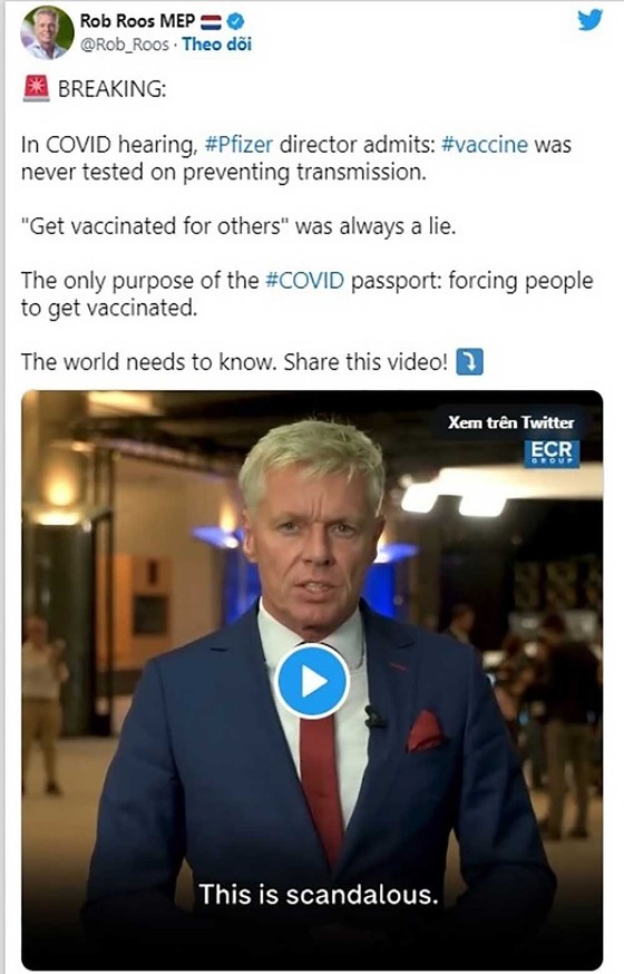 Dòng tweet gây bão mạng của ông Robe Roos về vaccine Covid-19