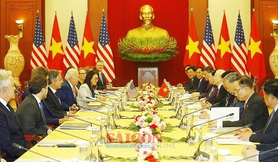 Quang cảnh cuộc hội đàm giữa Tổng Bí thư Nguyễn Phú Trọng và Tổng thống Joe Biden tại trụ sở Trung ương Đảng, chiều 10-9. Ảnh: VIẾT CHUNG ảnh 2