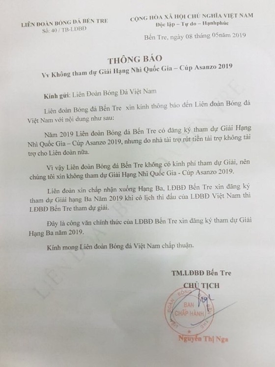 Bến Tre xin không tham dự giải hạng Nhì 2019 ảnh 2