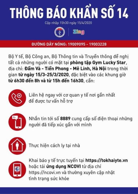 Bộ Y tế khẩn cấp tìm người tới phòng tập Gym Lucky Star ở Mê Linh, Hà Nội ảnh 1 Bộ Y tế khẩn cấp tìm người tới phòng tập Gym Lucky Star ở Mê Linh ảnh 1