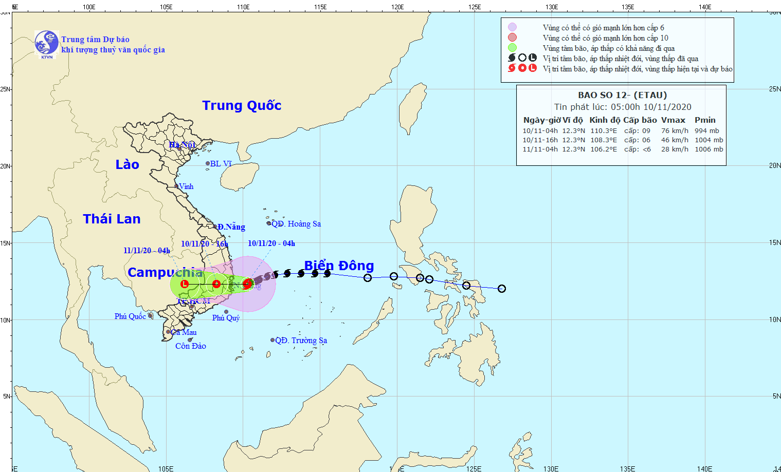 Vị trí và đường đi của bão số 12. Ảnh: Trung tâm Dự báo Khí tượng Thủy văn Quốc gia