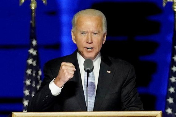Ông Joe Biden tuyên bố giành chiến thắng tại buổi lễ ở quê nhà, thành phố Wilmington, bang Delaware, Hoa Kỳ, 8-11-2020. Ảnh: REUTERS