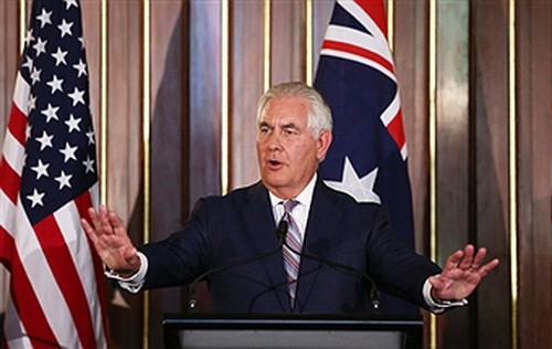 美國國務卿蒂勒森在澳大利亞政府召開的新聞發佈會上發表演講。（圖源：互聯網）
