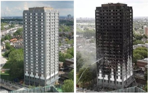 火警前後的倫敦高樓公寓，造成至少17人喪生。（資料圖來源：互聯網）