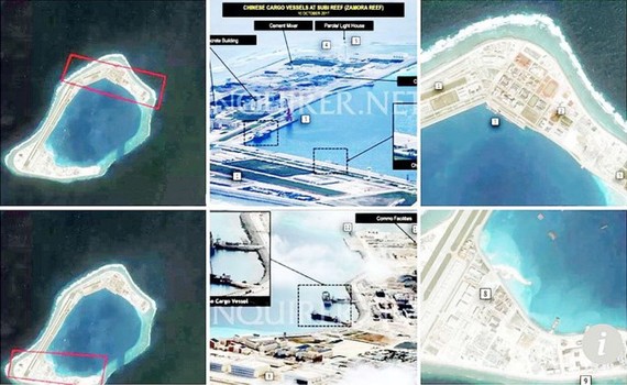 中國在越南長沙群島所屬的十字礁、蘇碧礁與巾礁圍環等在東海的3個區域安裝了反艦巡航導彈和地對空導彈等系統。（圖源：路透社）