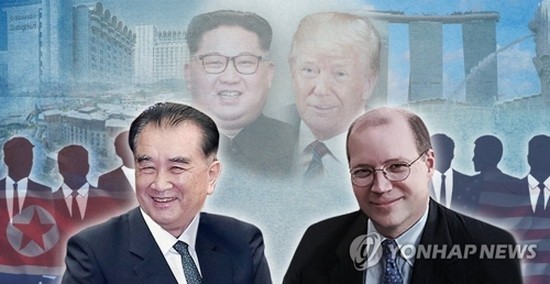 左為朝鮮國務委員會部長金昌善，右為美國白宮副幕僚長哈金（圖源：韓聯社）