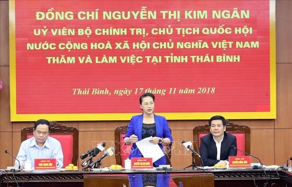 國會主席阮氏金銀（中）在會議上發表講話。。