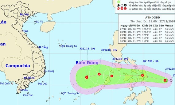 熱帶低壓形成颱風可能登陸中或南部。圖為熱帶低壓的移動方向。（圖源：國家水文氣象預報中心）
